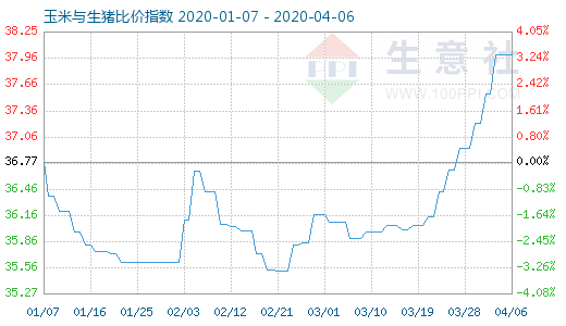 4月6日玉米與生豬比價指數(shù)圖
